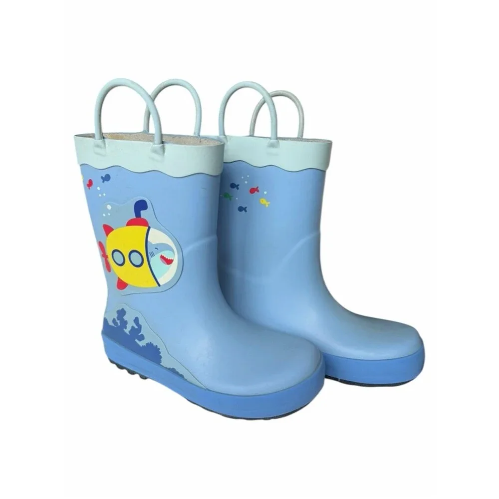 Cat & Jack Blue Submarine Shark Rain Boots Kids Size 10 Waterproof Pull-On